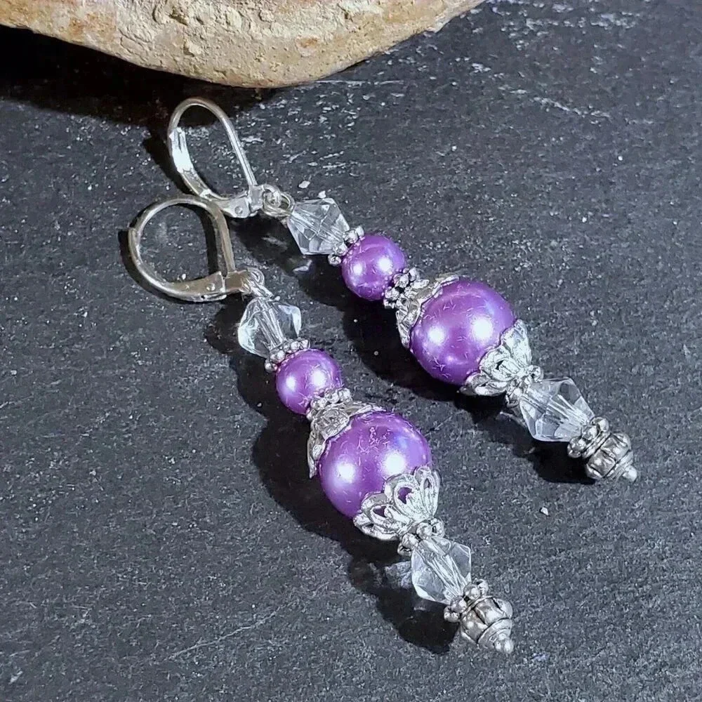 Purple Glass Pearl Sterling Silver Plated Handcrafted Dangle Earrings